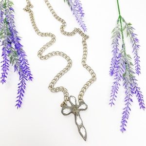 Vintage Brutalist Edgy Hand Crafted Crystal Molded Cross Pendant Necklace